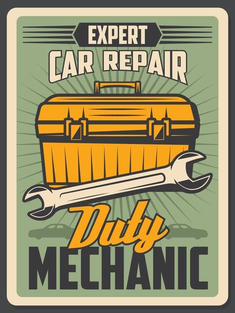 Auto repair service vintage poster Brindlewood Bay, Vintage Mechanics, Heads Or Tails, 370z Nismo, Sign Board Design, Auto Mechanic, Car Repair Service, Mechanic Tools, Car Repair