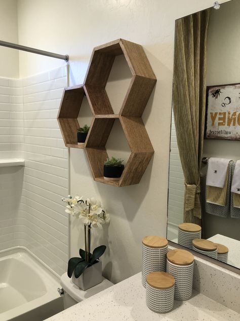 Honeycomb Shelves Bathroom, Hexagon Bathroom Shelves, Hexagon Shelves Bathroom, Wood Hexagon Shelves, Honeycomb Bathroom, Bee Bathroom, Homestead Design, Kid Bathroom, Shelves Above Toilet