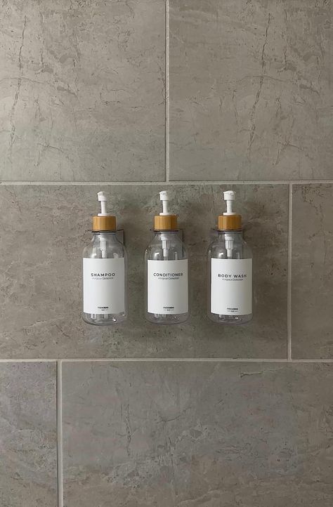 Hotel Soap Dispenser, Shower Holder Shampoo, Shampoo Storage In Shower Diy, Wall Mounted Shampoo Dispenser, Shampoo Conditioner Body Wash Dispenser, Shampoo Holders For Showers, Shampoo Conditioner Dispenser, Organized Shower Aesthetic, Shower Dispenser Ideas