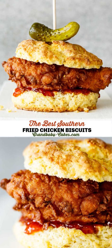 Fried Chicken Biscuits, Crispy Fried Chicken Breast, Cheesecake Strawberries, Chicken Biscuits, Chicken Biscuit, Red Pepper Jelly, Southern Biscuits, Baked Cheesecake, Biscuit Sandwich