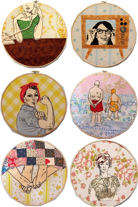 These embroidery hoops are beautiful and fun. I love the Tina Fey one! Pop Art Embroidery, Yesterday Once More, Thanksgiving Embroidery, فن النسيج, Joan Holloway, Embroidered Portrait, Retro 3, Embroidered Art, Art Embroidery