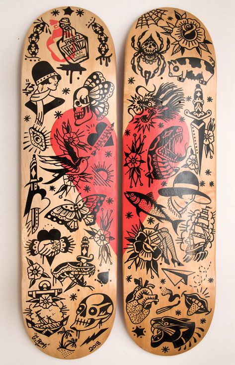 Skate Culture Art, Skateboard Custom Design, Skate Tattoos, Skate Painting, Skate Tattoo, Skateboard Tattoo, Tattoo Shop Decor, Painted Skateboard, Skateboard Deck Art