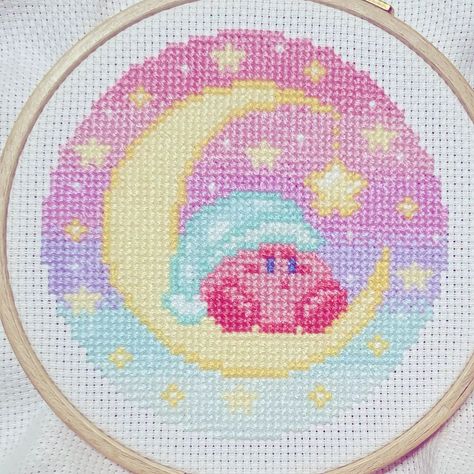 Finished Pastel Kirby Cross Stitch, on 14ct. Aida. 🌸 #crossstitch #crossstitchpattern #craft #pastel #kirby #moon #photo #photooftheday #pretty #love Kirby Cross Stitch, Clay Trays, Stitch Things, Cross Stitch Games, Pretty Cross Stitch, Kawaii Cross Stitch, Moon Photo, Random Crafts, Kirby Art