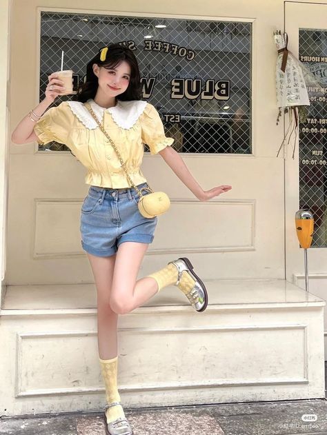 Cute Outfits Korean, Sanrio Outfits, Summer Fashion Dresses Casual, Color Combos Outfit, Fashion Sketches Dresses, Fashion Illustration Dresses, Yellow Outfit, Summer Fashion Dresses, Korean Fashion Trends