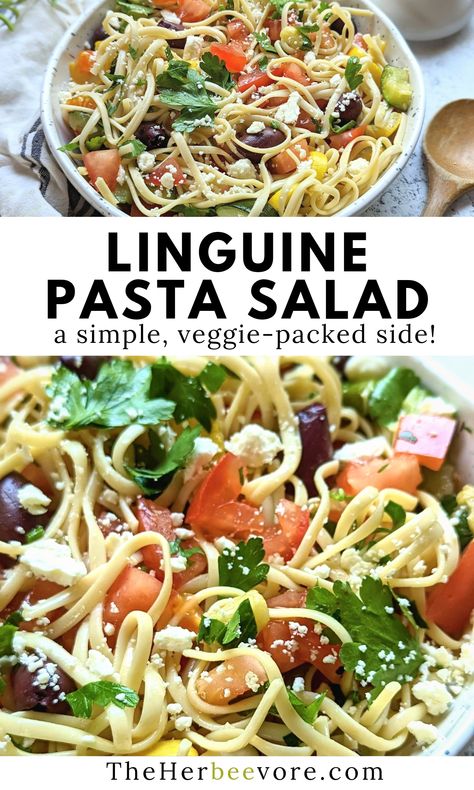 This linguine pasta salad recipe is loaded with vegetables, and great to twirl in a easy homemade vinaigrette dressing. A favorite summer pasta salad recipe to bring to a cookout, tailgate, potluck, or BBQ! Summer Linguini Salad, Linguine Salad Recipes, Summer Linguine Salad, Cold Linguine Pasta Salad, Linguini Pasta Salad Recipes, Linguine Salad Cold, Linguine Pasta Salad, Linguine Salad, Linguini Salad