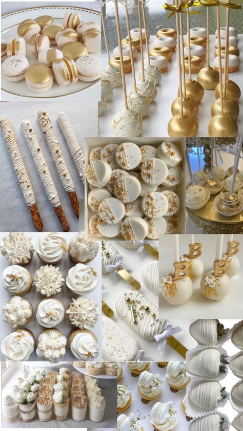 Golden Dessert Table, Golden Birthday Table Decor, 18th Birthday Treats, Beige White And Gold Party Decor, 50th Dessert Table Ideas, White And Gold Birthday Party Ideas, Prom Dessert Ideas, Party Sweets Table Ideas, Golden Food Party