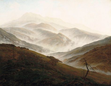 Mountain with Ascending Mist by Caspar David Friedrich Caspar David Friedrich Paintings, David Friedrich, Gustave Dore, Caspar David Friedrich, Amedeo Modigliani, Johannes Vermeer, Paul Gauguin, Oil Painting Reproductions, Caravaggio