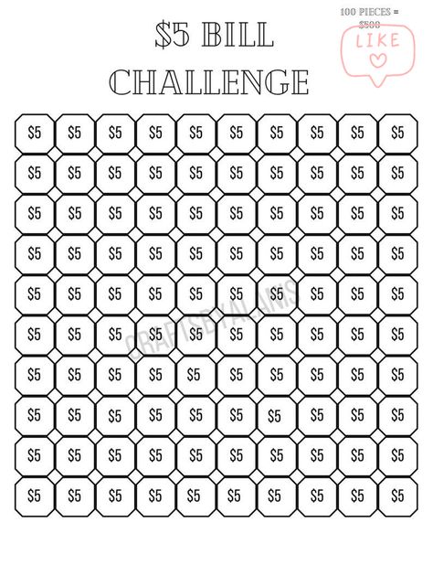 $5 Bill Challenge, Dollar Saving Challenge, 5 Dollar Bill, Dollars Money, Printable Savings Challenge, Saving Money Chart, 500 Dollars, Savings Chart, Money Chart