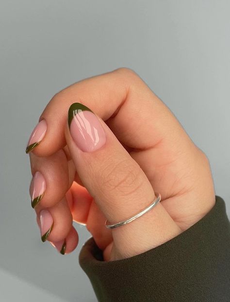 Classy Nails With Green, Olive Green French Tip Nails Coffin, Olive Green Design Nails, French With Green Tips, Olive Green Nails For Wedding, Olive Green Tips Nails, Olive Nails Almond, Olive Green Nails French Tip, Olive French Nails