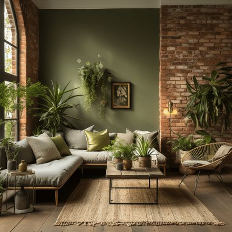 Brick Living Room, Hallway Makeover, Red Brick Wall, Brick Interior, Decor Hallway, Hallway Decor, Hallway Lighting, Bright Ideas, Living Room Green