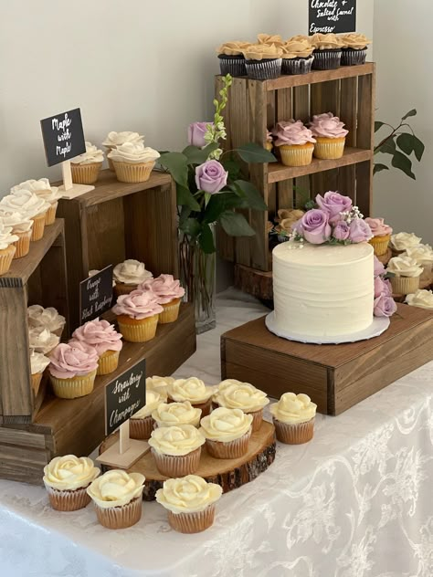 Wedding Cake Table With Cupcakes, Graduation Dessert Table Ideas, Cupcake Dessert Table, Cake Cupcake Display, Wedding Cupcake Table, Brunch Wedding Food, Wedding Cake And Cupcakes, Rustic Dessert Table, Wedding Cupcake Display