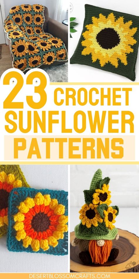 crochet sunflower patterns Sunflower Crochet Blanket, Sunflower Crochet Pattern, Crafted Flowers, Granny Square Pattern Free, Sunflower Crochet, Sunflower Pillow, Crochet Flowers Easy, Fall Crochet, Crochet Granny Square Blanket