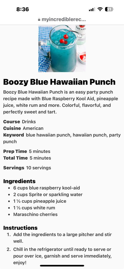 Easy Party Punch, Blue Hawaiian Punch, Blue Punch, Hawaiian Punch, Party Punch Recipes, Party Punch, White Rum, Rum Drinks, Sparkling Water