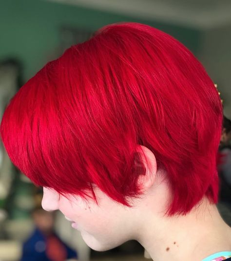 Vibrant Red Hair   Color by The Bend stylist, Monica Vibrant Short Hair Color, Vibrant Red Hair Short, Bright Red Hair Ideas, Neon Red Hair, Vibrant Red Hair Color, Red Hair Pixie Cut, Red Hair Dye Colors, Red Hair Cuts, Women Hair Color Ideas