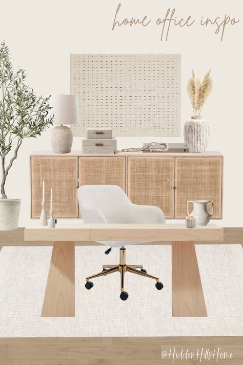 Neutral home office decor mood board with cozy neutral tones! Home office decor ideas with a modern organic style Scandinavian Office, Modern Organic Home, Modern Office Decor, Cozy Home Office, Office Room Decor, Cottage Charm, Oak Desk, Contemporary Office, Modern Home Office