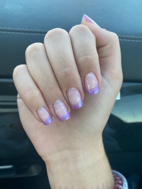 Purple Glitter French Nails, Purple French Tip Nails Dip, Lavender Nails French Tip, Purple Sparkly French Tip Nails, Purple Nail Tips French Manicures, Glittery Purple French Tip Nails, Purple French Tips, Lavendar Tips Nail, Simple Prom Nails