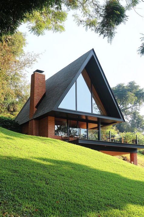 48 Stunning Slope Houses That Embrace the Landscape Cantilever Roof Architecture, Geometric House Design, A Frame With Addition, House On Slope Architecture, Modern A Frame House, Slope House Design, Modern A Frame Cabin, Flat Roof House Designs, Chalet Style Homes