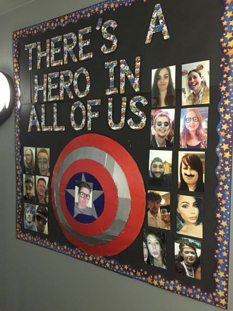 Avengers display board Avenger Classroom Theme, Avengers Classroom Theme, Tok Exhibition, Marvel Classroom, Hero Bulletin Board, Hero Classroom Theme, Super Hero Activities, Marvel Ideas, Camping Theme Preschool