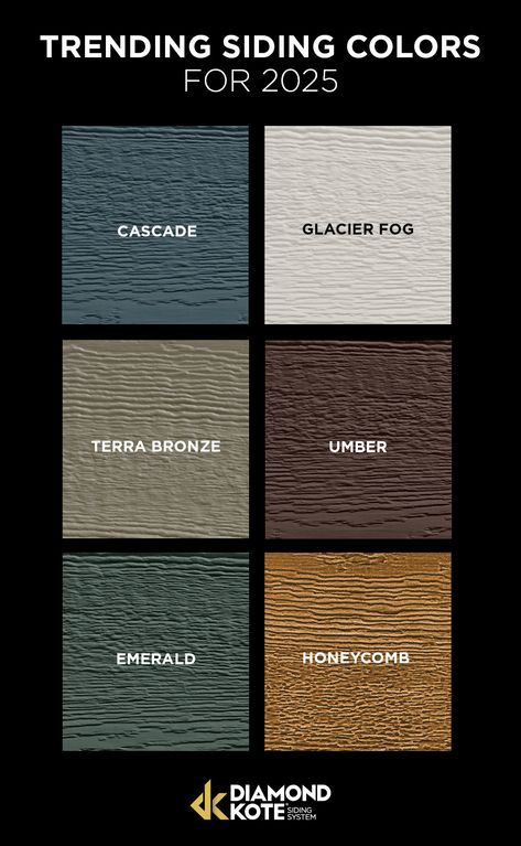 Start planning your new exterior with these 2025 trending exterior paint colors. From calming blue colors, relaxing brown siding colors, and dark green siding colors, Diamond Kote has the paint color for your exterior. 2025 Exterior House Color Trends, Brown Siding Exterior, Dark Green Siding, Slate Blue House Exterior, House Siding Colors, House Exterior Colors Blue, Brown Siding, Best Exterior Paint Colors, Trending For 2023