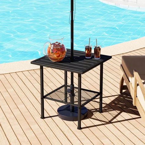 Outdoor Side Table 22" Double Layers Dining Table Umbrella Hole Patio - Bed Bath & Beyond - 37387979 Large Outdoor Umbrella, Small Outdoor Table, Patio Bed, Outdoor Patio Side Table, Table With Umbrella, Outdoor Dining Tables, Outdoor End Tables, Patio Side Table, Table Umbrella