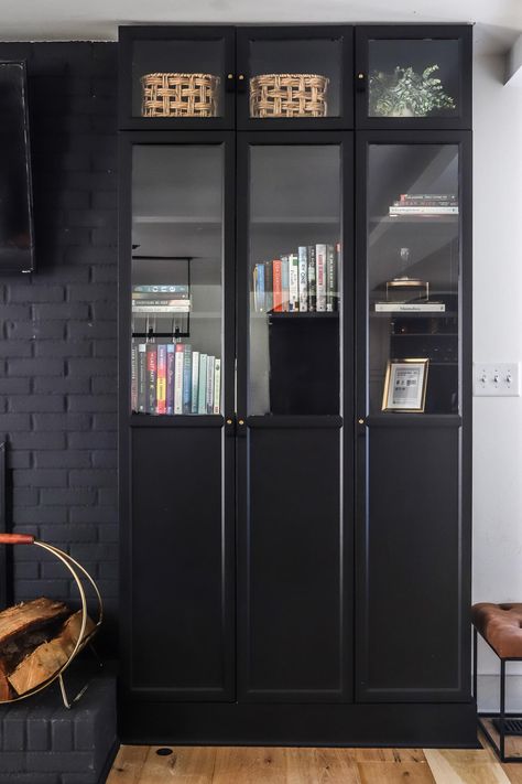 Black Billy Bookcase Hack, Ikea Billy Black, Ikea Billy Bookcase With Doors, Black Billy Bookcase, Billy Bookcase With Glass Doors, Diy Built In Bookshelves, Billy Bookcase With Doors, Billy Hack, Cupboard Living Room