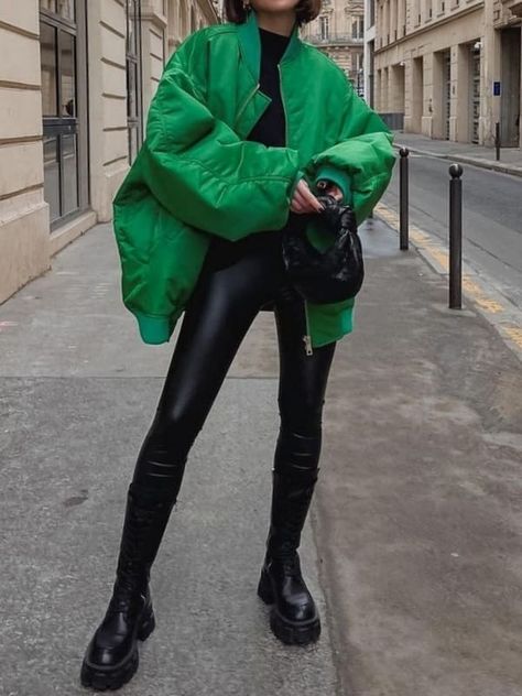 oversized puffer jacket and black leather pants Classy St Pattys Day Outfit, Trendy Green Outfits, St Patricks Day Outfits Winter, Cool Girl St Patricks Day Outfits, Cold St Patricks Day Outfit, St Pattys Day Outfit Chicago, Classy St Patricks Day Outfits, St Pattys Day Outfit Cold Weather, Chic St Patricks Day Outfit