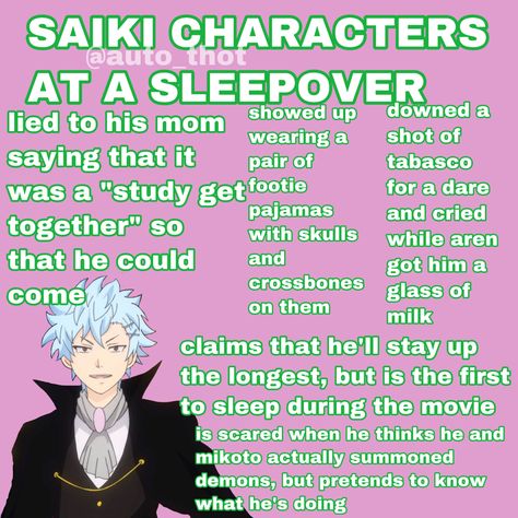 Saiki K Headcanons, Epic Sleepover, Anime Headcanons, Kaido Shun, Dark Reunion, Kusuo Saiki, K Board, High School Survival, Saiki K