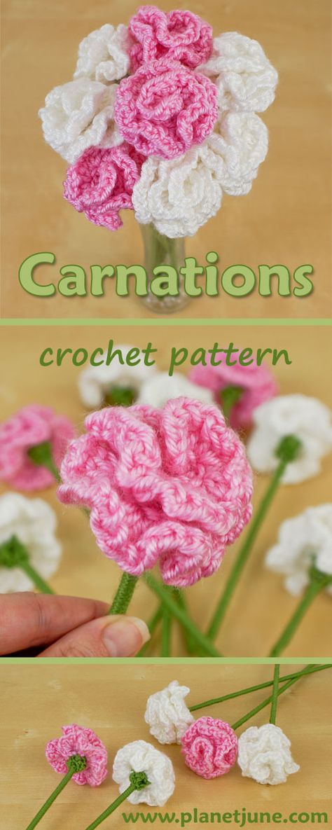 Free crochet pattern for beautiful, realistic, one-piece Carnations. Crochet Flowers Carnation, Carnation Flower Crochet Pattern, Crochet Carnations Free Pattern, Crochet Patterns Flowers Free, Crochet Wedding Bouquet Pattern Free, Free Crochet Patterns For Flowers, Crochet Carnation Pattern Free, Crochet Bouquet Flowers Free Pattern, Crochet Flowers Free Pattern Bouquet