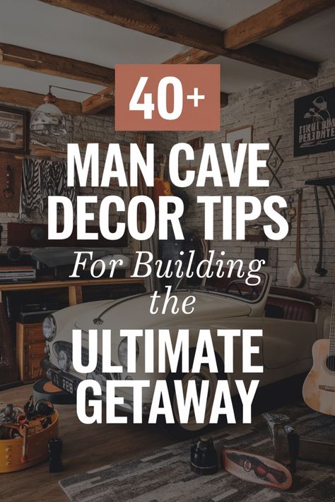 Man cave decorated with vintage car front, musical instruments, and rustic tools. Vintage Garage Decor, Man Cave Sheds, Minimalist Man Cave, Mens Home Decor Masculine Interior, Mancave Decor Ideas, Man Cave Shed Ideas, Man Cave Decorations, Diy Man Cave, Man Cave Designs