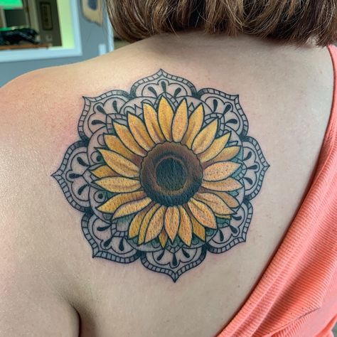 #greenpanthertattoo #sunflowertattoo #mandala #mandalatattoo #derbykansas #tattoosforwomen #tattoos #tattoodesigns #sunflower #AndreaHenrie Sunflower Mandala Tattoo Shoulder, Sunflower Mandala Tattoo, Mandala Tattoo Shoulder, Tattoos Flowers, Tattoo Sunflower, Sunflower Tattoo Shoulder, Cowgirl Tattoos, Fashion Tattoos, Sunflower Mandala