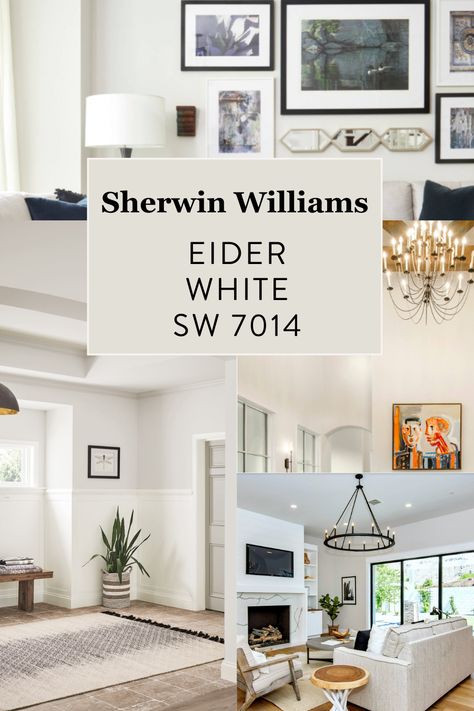 Eider White is a subtle gray that is soothing, chic, and timeless. You have to be careful because it's tricky in low light. Read the full paint color review here! #sherwinwilliams #paintcolor #eiderwhite #whitepaint #paintcolors #whitepaintcolors Eider White Vs Agreeable Gray, Alternatives To White Walls, Eider White Color Scheme, Sherwin Williams Eider White Walls, White Dogwood Sherwin Williams, Eider White Sherwin Williams Walls, Eider White Cabinets, Sw Eider White, Colors That Compliment Grey