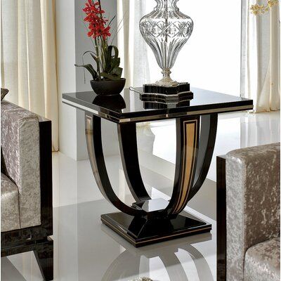 Makassar ebony veneers with Sycamore inlays. Silver-plated accents. Polyurethane high gloss finish. | David Michael Makassar Solid Wood Floor Shelf End Table black/Brown 28.0 x 30.0 x 30.0 in | DAVM2441 | Wayfair Canada Shelf End Table, Coastal Style Furniture, Glass Top End Tables, Floor Shelf, David Michael, Table Decor Living Room, Solid Wood Flooring, End Table Sets, Living Room End Tables