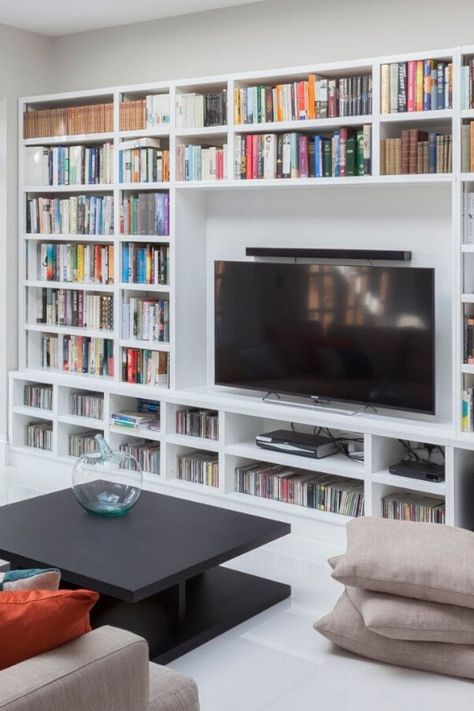 Latest Tv Unit Designs, Media Wall Decor, Tv Unit With Storage, Library At Home, Tv Unit Designs, Wooden Tv Unit, Home Library Rooms, Snug Room, Wooden Tv