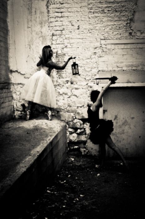 Photo by Bryant C. Larsen    "Good vs. Evil" Good Vs Evil, Black Magick, Pose For The Camera, Ballet Beautiful, Dark Photography, Dark Art, Fairy Tales, Black And White, Photography