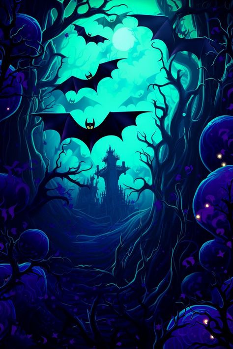 Neon Halloween Background, Blue Halloween Wallpaper, Goth Wallpapers, Halloween Backrounds, Blacklight Halloween, Halloween Mural, Bat Wallpaper, Cute Halloween Pictures, Style Your Phone