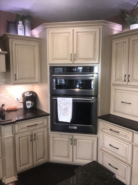 Kitchen With Oven Microwave Combo, Corner Oven Cabinet, Corner Oven Kitchen Layout, Oven Microwave Combo Wall Cabinet, Microwave Oven Combo Built Ins, Kitchen Design Microwave, Microwave Cabinet Ideas, Oven Microwave Combo, Storage Solutions Kitchen