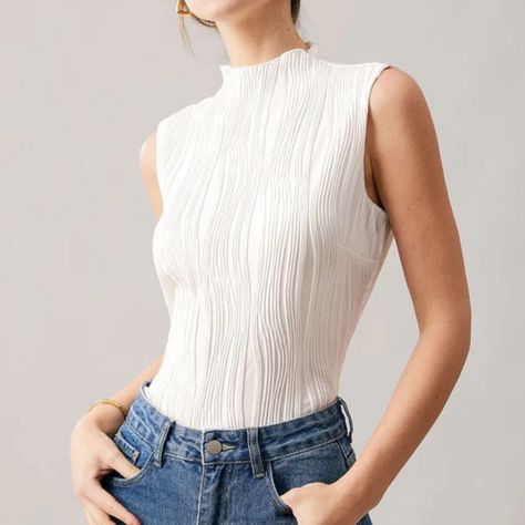 White. Mock Neck Water Ripple Textured Top - Rihoas. Brand New With Tags. Size M Classy Tank Tops, White Mock Neck Top Outfit, Mock Neck Top Outfit, Work Tops For Women, White Mock Neck Top, Turtle Neck Sleeveless Top, Summer In Seattle, Mama Fashion, Office Clothing