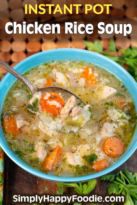 Instant Pot Chicken Rice Soup is delicious and nutritious, using simple ingredients like chicken and fresh vegetables, and tender rice. Pressure cooker Chicken and Rice Soup is easy to make. You will love how fast Instant Pot chicken and rice soup cooks! simplyhappyfoodie.com instapot chicken rice soup recipe Instant Pot Chicken And Rice, Wild Rice Soup Recipes, Rice Soup Recipes, Chicken Rice Soup, Instant Pot Soup Recipes, Pressure Cooker Chicken, Instant Pot Soup, Wild Rice Soup, Perfect Dinner