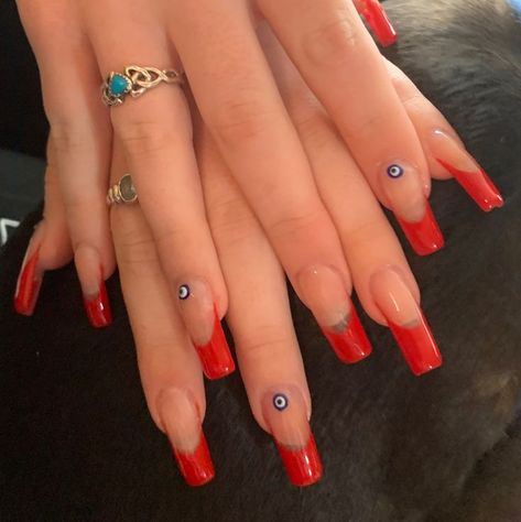 long red tip evil eye nail design Sparkly Evil Eye Nails, Red Nails With Evil Eye, Orange Evil Eye Nails, Latina Aesthetic Nails, Evil Eye Nails Red, Latinas Nails, Red Evil Eye Nails, Evil Eye Nail Design, Angel Number Nails