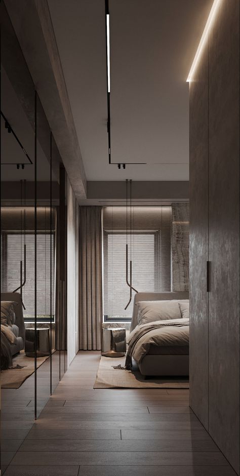 Penthouse in Tampa on Behance Minimal Bedroom Interior, Apartment Contemporary, Penthouse Bedroom, Luxury Penthouse Apartment, Glass Wardrobe, Penthouse Interior, Minimal Bedroom, Florida Design, Luxury Penthouse