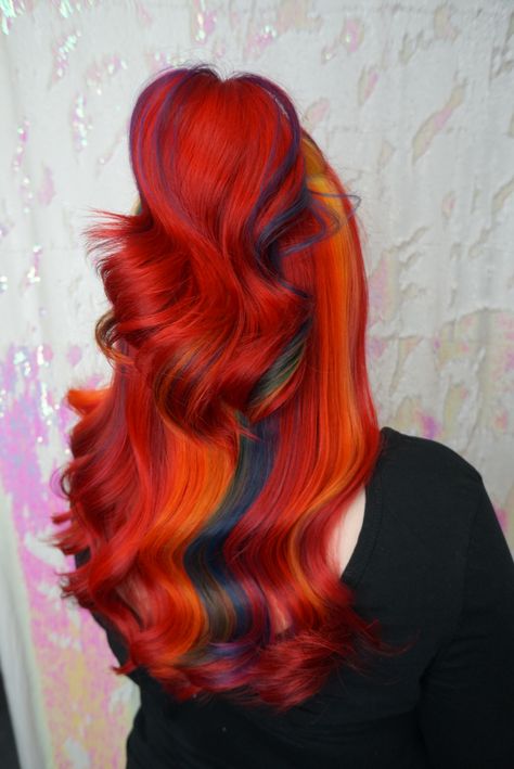 Red And Rainbow Hair, Balayage Platinum Blonde, Red Mermaid Hair, Red Vibrant Hair, Red Mermaid Hair Color, Balayage Platinum, Mermaid Red Hair, Vibrant Red Ombre Hair, Ruby Red Hair