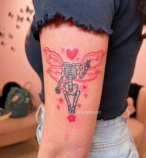 Demon Time Tattoo, Pink Line Tattoo, Pink And Red Tattoo, Coloured Tattoos For Women, Skeleton Fairy Tattoo, Winx Tattoos, Hot Pink Tattoo, Valentines Tattoo, Basic Tattoos