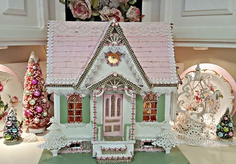 a Doll House Makeover Christmas, Doll House Makeover, Dollhouse Makeover, Pottery Houses, Dollhouse Christmas, House Makeover, Glitter Houses, Putz Houses, Christmas Gingerbread House