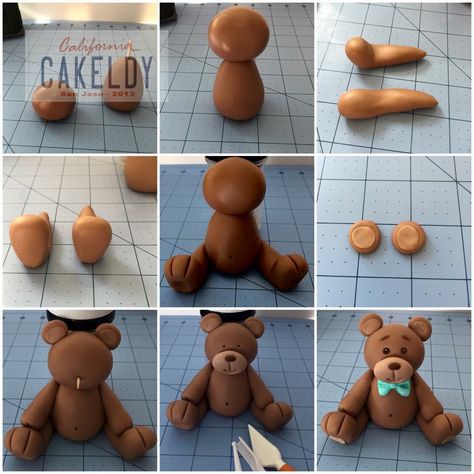 Bear Fondant Teddy Bear, Clay Bear, Bear Cake Topper, Teddy Bear Cakes, Safari Cakes, Fondant Baby, Cake Topper Tutorial, Fondant Animals, Fondant Cake Toppers