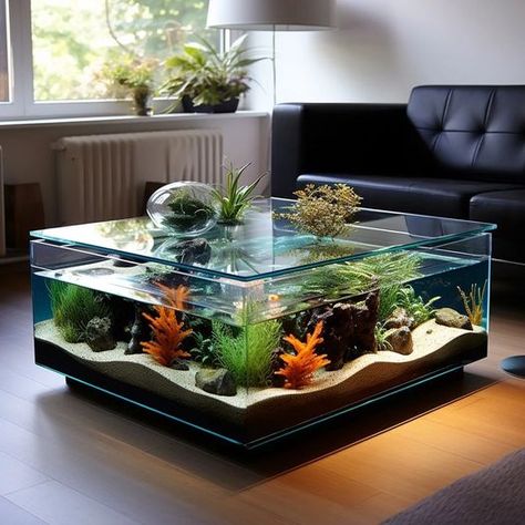 An elegant coffee table with luxurious design and sophisticated decor. Room Aquarium, Table Aquarium, Fish Tank Coffee Table, Aquarium Coffee Table, Beautiful Coffee Table, Garden Pond Design, Aquarium Ideas, Aquarium Design, Pond Design