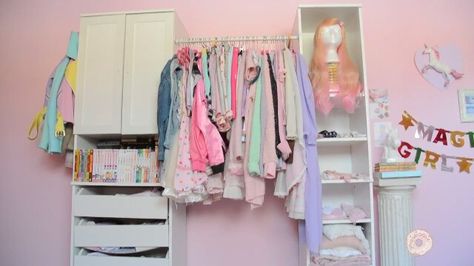 Pixielocks wardrobe ✧ Kawaii Wardrobe Closet, Pink Clothing Rack Aesthetic, Party Kei Aesthetic, Cult Party Kei Aesthetic, Pink Fairy Kei Costume Dresses, Kawaii Room Ideas, Otaku Room, Pastel Room, Pastel Fashion