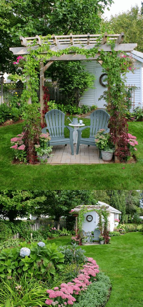 Beautiful Garden and Shed | Backyard Seating Area (Bench, Shed) Ideas and Designs #backyardseating #backyardshed #backyardbench #backyardpatio #backyardpatioideas #farmfoodfamily Garden Seating Area, Backyard Seating Area, Hardscape Design, Backyard Seating, Large Yard, Beautiful Backyards, Garden Seating, Garden Cottage, Backyard Landscaping Designs