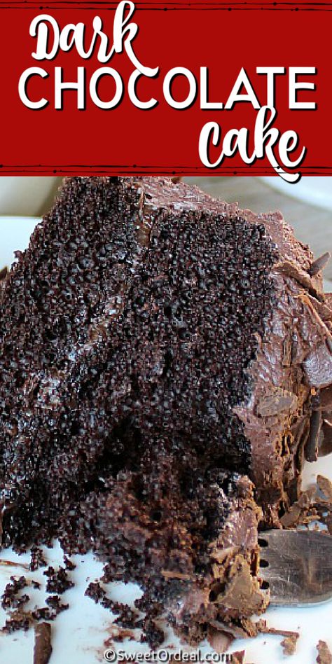 Delish! Dark Chocolate Cake is a chocolate lover’s dream come true. The rich dark chocolate cake is moist and loaded with chocolaty goodness. The dark chocolate frosting is smooth and creamy, the perfect compliment to the cake. This two-layer cake should satisfy just about any chocolate craving out there. Best Ever Chocolate Cake, Dark Chocolate Cake Recipes, Dark Chocolate Frosting, Chocolate Cake From Scratch, Homemade Dark Chocolate, Dark Chocolate Cake, Chocolate Buttercream Frosting, Decadent Chocolate Cake, Rich Chocolate Cake