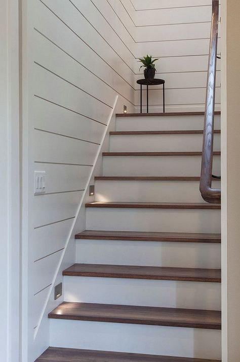 Shiplap staircase Shiplap staircase Shiplap staircase with lights and White Oak Threads Paint Color is Sherwin Williams Pure White #Shiplap #staircase Home Bunch Basement Shiplap, Shiplap Stairs, Shiplap Basement, Shiplap Staircase, Basement Steps, Farmhouse Stairs, Koti Diy, Stairs Renovation, Stairs Makeover