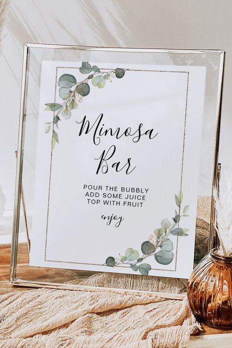 eucalyptus greenery bridal shower mimosa bar sign Bridal Shower Mimosa Bar, Bridal Shower Mimosa, Mimosa Bar Sign, Graphics Layout, Mimosa Bar, Eucalyptus Greenery, Blogger Design, Bar Sign, Bridal Shower Favors